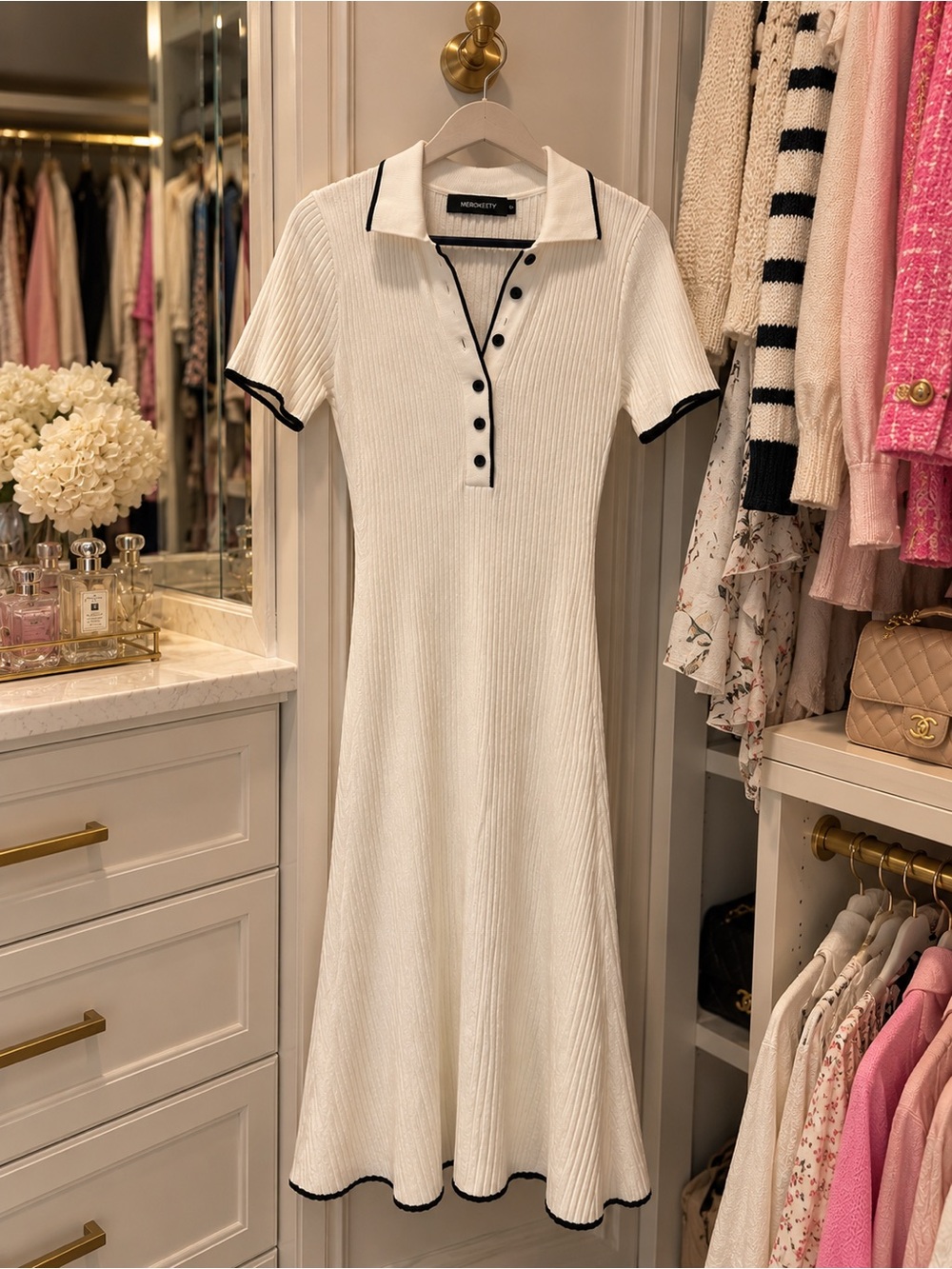 MEROKEETY Ivory Ribbed Knit Polo Midi Dress Black Trim Size Small